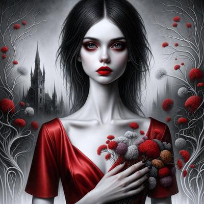 The primary subject of the image is a woman wearing a red dress. She is holding a bouquet of flowers, which includes red and orange flowers. The setting is a dark, possibly Gothic, environment with a castle in the background. The visual style is a digital art or illustration, creating a dramatic and moody atmosphere.